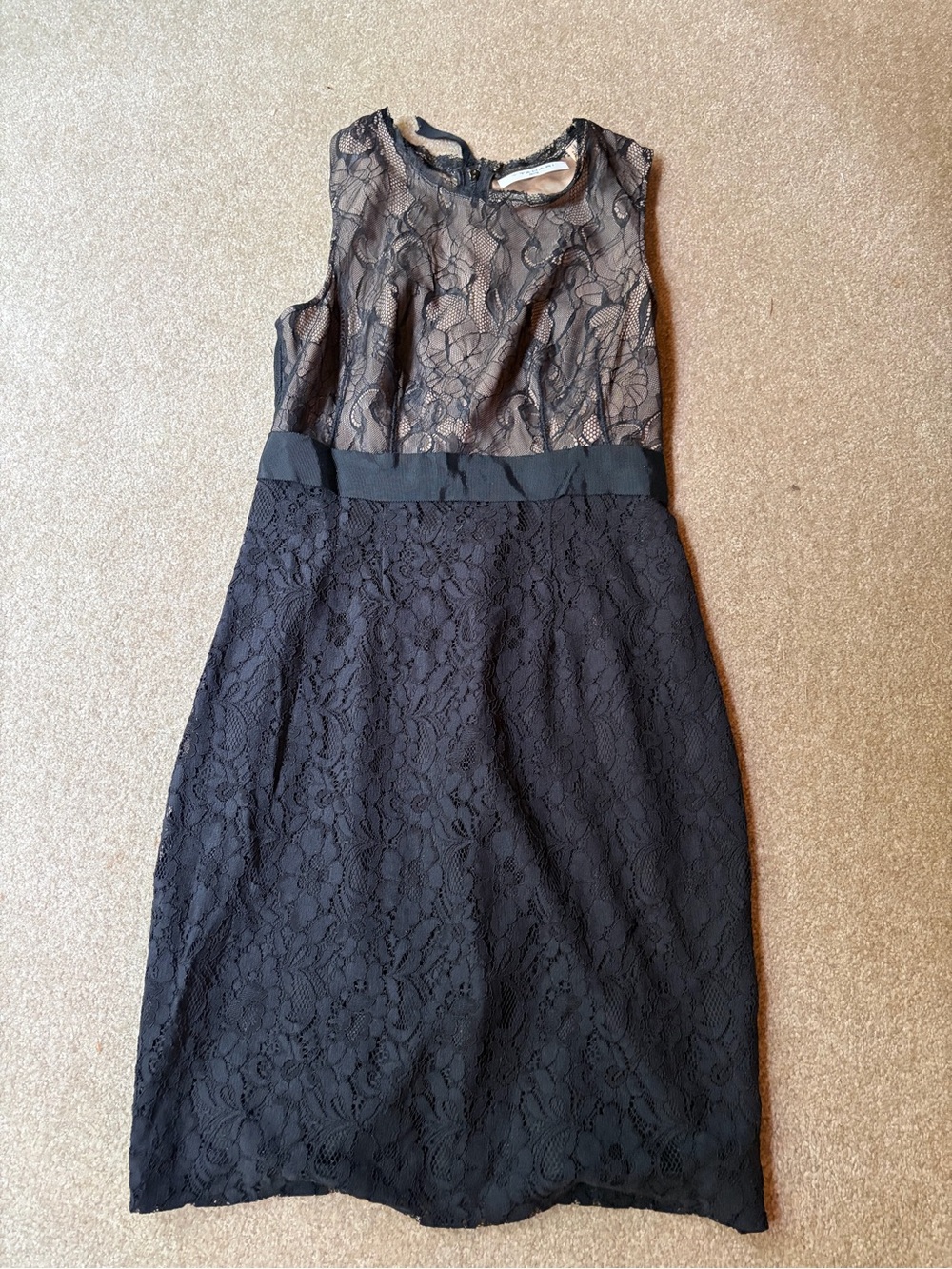 T Tahari Black Lace Midi Dress with Nude Illusion Bodice